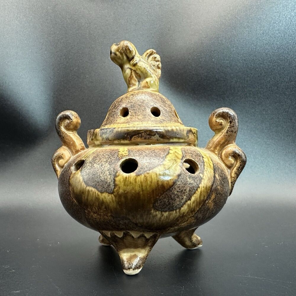 Vintage Chinese Sancai Glazed Incense Burner Foo Dog Tripod Censer Ceramic 4.5”